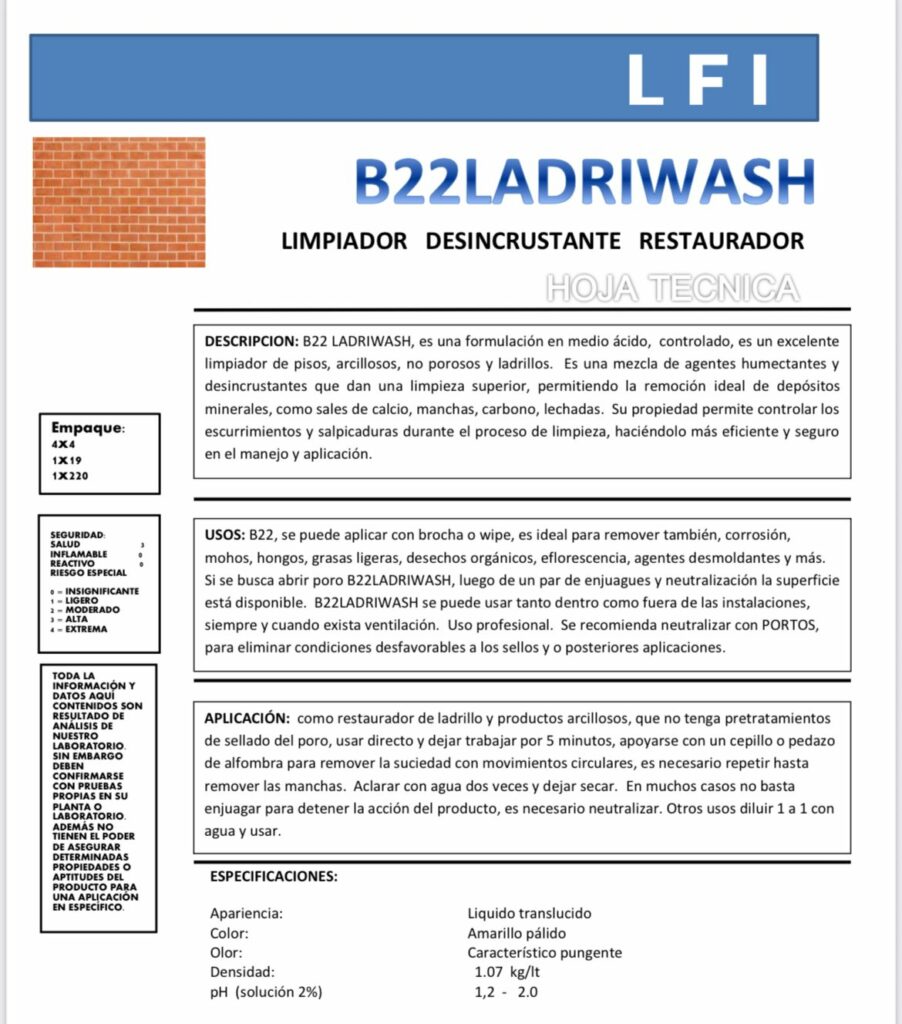LADRIWASH – LIMPIADOR DESINCRUSTANTE PARA LADRILLO Y SUPERFICIES MINERALES